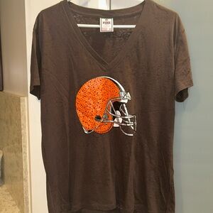 PINK Victoria's Secret T Shirt Womens M Cleveland Browns NFL Helmet V-Neck Brown
